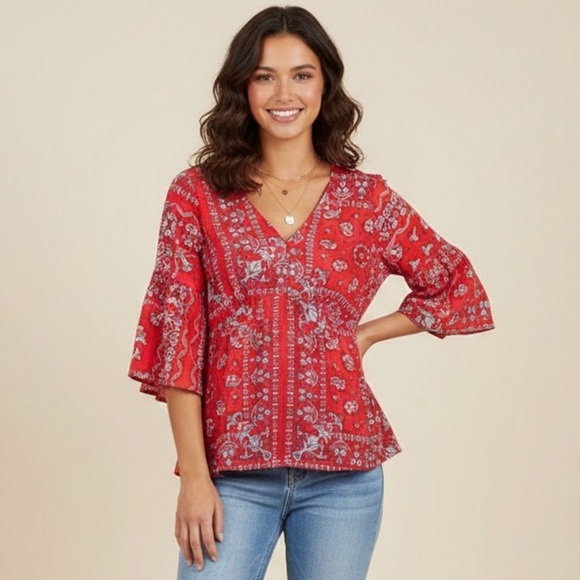 Skies Are Blue Tops - Skies Are Blue Boho Bandana Print Top Red Cottagecore Blouse S